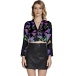 Abstract Pattern Flora Flower Long Sleeve Tie Back Satin Wrap Top
