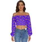 Abstract Background Cross Hashtag Long Sleeve Crinkled Weave Crop Top