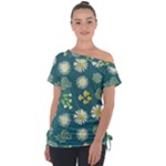 Drawing Flowers Meadow White Off Shoulder Tie-Up T-Shirt