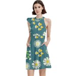 Drawing Flowers Meadow White Cocktail Party Halter Sleeveless Dress With Pockets