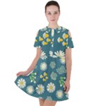Drawing Flowers Meadow White Short Sleeve Shoulder Cut Out Dress 