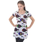 Fish Abstract Colorful Puff Sleeve Tunic Top