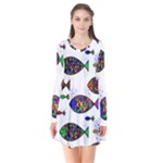 Fish Abstract Colorful Long Sleeve V-neck Flare Dress