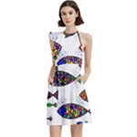 Fish Abstract Colorful Cocktail Party Halter Sleeveless Dress With Pockets
