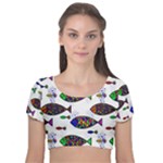 Fish Abstract Colorful Velvet Short Sleeve Crop Top 