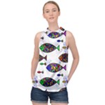 Fish Abstract Colorful High Neck Satin Top