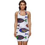 Fish Abstract Colorful Sleeveless Wide Square Neckline Ruched Bodycon Dress