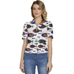 Fish Abstract Colorful Puffed Short Sleeve Button Up Jacket