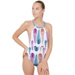Pen Peacock Colors Colored Pattern High Neck One Piece Swimsuit