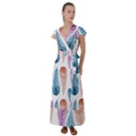 Pen Peacock Colors Colored Pattern Flutter Sleeve Maxi Dress