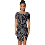 Leaves Flora Black White Nature Fitted Knot Split End Bodycon Dress