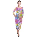 Bloom Flora Pattern Printing Quarter Sleeve Midi Velour Bodycon Dress