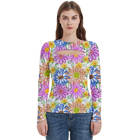 Bloom Flora Pattern Printing Women s Cut Out Long Sleeve T
