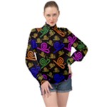 Pattern-repetition-snail-blue High Neck Long Sleeve Chiffon Top