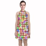 Pattern-repetition-bars-colors Velvet Halter Neckline Dress 