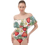 Strawberry-fruits Off Shoulder Velour Bodysuit 