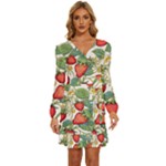 Strawberry-fruits Long Sleeve Waist Tie Ruffle Velvet Dress