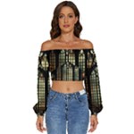 Stained Glass Window Gothic Long Sleeve Crinkled Weave Crop Top