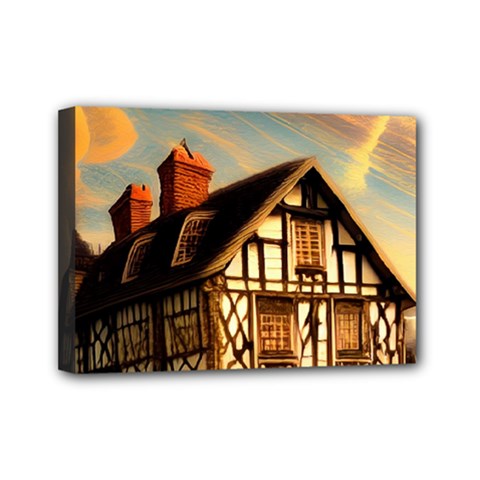 Village House Cottage Medieval Timber Tudor Split timber Frame Architecture Town Twilight Chimney Mini Canvas 7  x 5  (Stretched) from ZippyPress