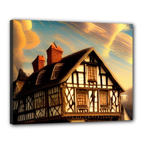 Village House Cottage Medieval Timber Tudor Split timber Frame Architecture Town Twilight Chimney Canvas 20  x 16  (Stretched) from ZippyPress