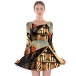 Village House Cottage Medieval Timber Tudor Split timber Frame Architecture Town Twilight Chimney Long Sleeve Skater Dress