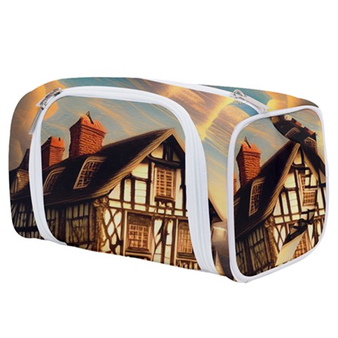 Village House Cottage Medieval Timber Tudor Split timber Frame Architecture Town Twilight Chimney Toiletries Pouch from ZippyPress
