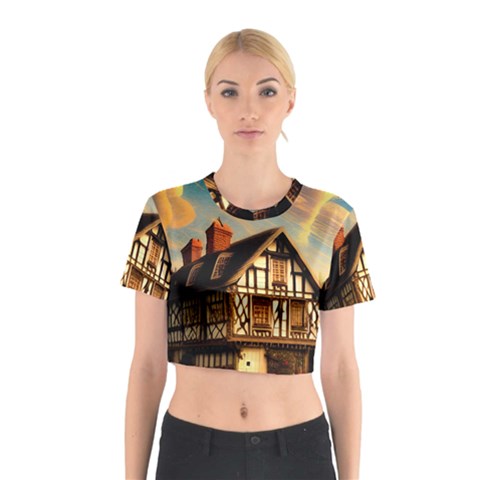 Village House Cottage Medieval Timber Tudor Split timber Frame Architecture Town Twilight Chimney Cotton Crop Top from ZippyPress