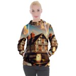 Village House Cottage Medieval Timber Tudor Split timber Frame Architecture Town Twilight Chimney Women s Hooded Pullover