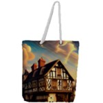 Village House Cottage Medieval Timber Tudor Split timber Frame Architecture Town Twilight Chimney Full Print Rope Handle Tote (Large)