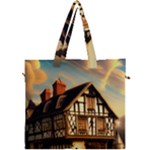 Village House Cottage Medieval Timber Tudor Split timber Frame Architecture Town Twilight Chimney Canvas Travel Bag