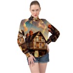 Village House Cottage Medieval Timber Tudor Split timber Frame Architecture Town Twilight Chimney High Neck Long Sleeve Chiffon Top