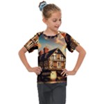 Village House Cottage Medieval Timber Tudor Split timber Frame Architecture Town Twilight Chimney Kids  Mesh Piece T-Shirt