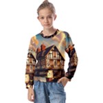 Village House Cottage Medieval Timber Tudor Split timber Frame Architecture Town Twilight Chimney Kids  Long Sleeve T-Shirt with Frill 