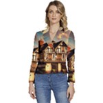 Village House Cottage Medieval Timber Tudor Split timber Frame Architecture Town Twilight Chimney Women s Long Sleeve Revers Collar Cropped Jacket