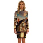 Village House Cottage Medieval Timber Tudor Split timber Frame Architecture Town Twilight Chimney Long Sleeve Shirt Collar Bodycon Dress