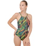 Outdoors Night Setting Scene Forest Woods Light Moonlight Nature Wilderness Leaves Branches Abstract High Neck One Piece Swimsuit
