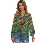 Outdoors Night Setting Scene Forest Woods Light Moonlight Nature Wilderness Leaves Branches Abstract Women s Long Sleeve Button Up Shirt