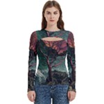 Night Sky Nature Tree Night Landscape Forest Galaxy Fantasy Dark Sky Planet Women s Cut Out Long Sleeve T-Shirt