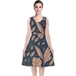 Background Pattern Leaves Texture V-Neck Midi Sleeveless Dress 