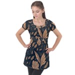 Background Pattern Leaves Texture Puff Sleeve Tunic Top
