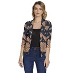 Background Pattern Leaves Texture Women s Draped Front 3/4 Sleeve Shawl Collar Jacket