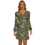 Green Camouflage Military Army Pattern Long Sleeve Waist Tie Ruffle Velvet Dress