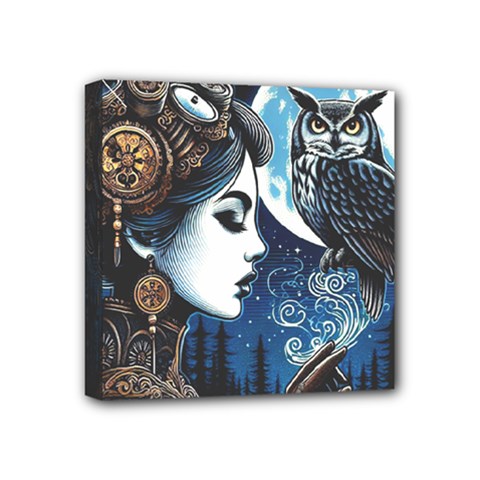 Steampunk Woman With Owl 2 Steampunk Woman With Owl Woman With Owl Strap Mini Canvas 4  x 4  (Stretched) from ZippyPress