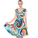 Waves Ocean Sea Abstract Whimsical Cap Sleeve Front Wrap Midi Dress