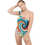 Waves Ocean Sea Abstract Whimsical Frilly One Shoulder Swimsuit