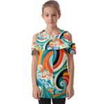 Waves Ocean Sea Abstract Whimsical Fold Over Open Sleeve Top