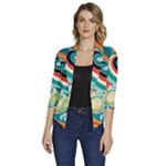 Waves Ocean Sea Abstract Whimsical Women s Draped Front 3/4 Sleeve Shawl Collar Jacket