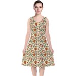 Floral Design V-Neck Midi Sleeveless Dress 