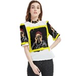 Yellow Brown Red Colorful Graffiti Illustration T-shirt Frill Neck Blouse