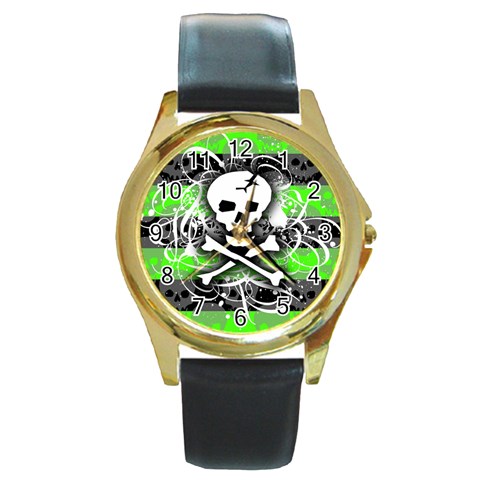Deathrock Skull Round Gold Metal Watch from ZippyPress Front